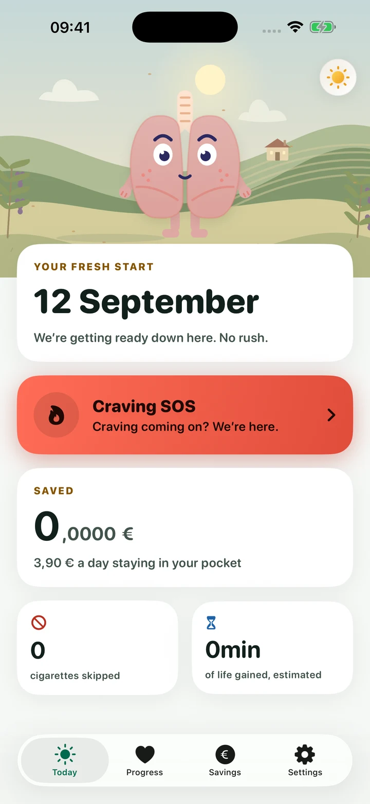 Basta’s Today screen showing a fresh start, Craving SOS, money saved, and cigarettes skipped.