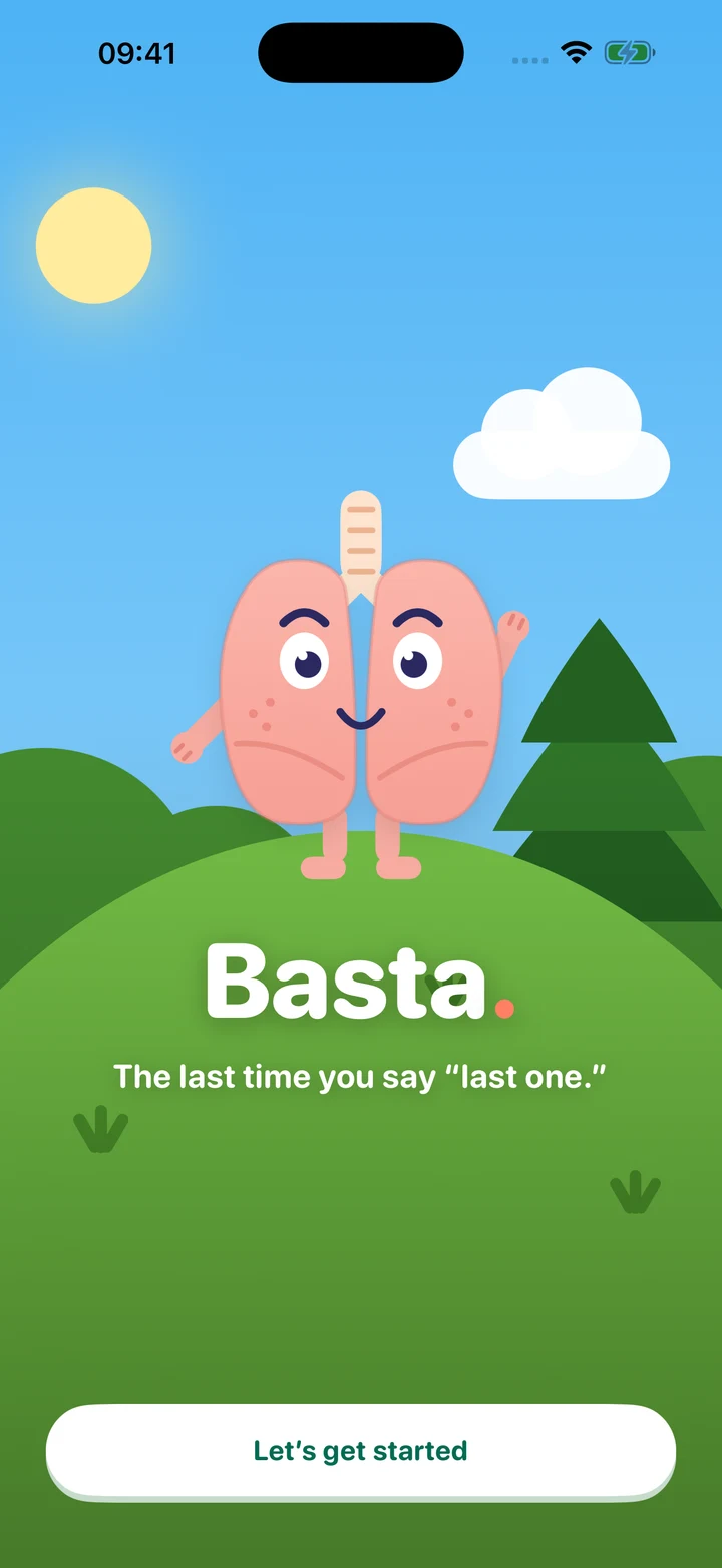 Basta’s cheerful pink lung mascot in a sunny meadow. The welcome message reads: The last time you say ‘last one.’