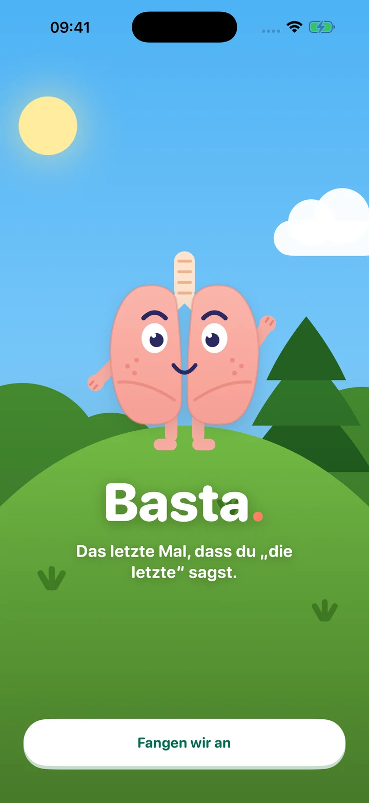 Bastas fröhliches Maskottchen: zwei rosa Lungen auf einer sonnigen Wiese. Der Begrüßungstext lautet: Das letzte Mal, dass du „die letzte“ sagst.
