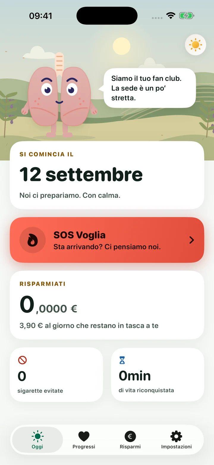 La schermata Oggi di Basta mostra il nuovo inizio, SOS Voglia, i soldi risparmiati e le sigarette evitate.